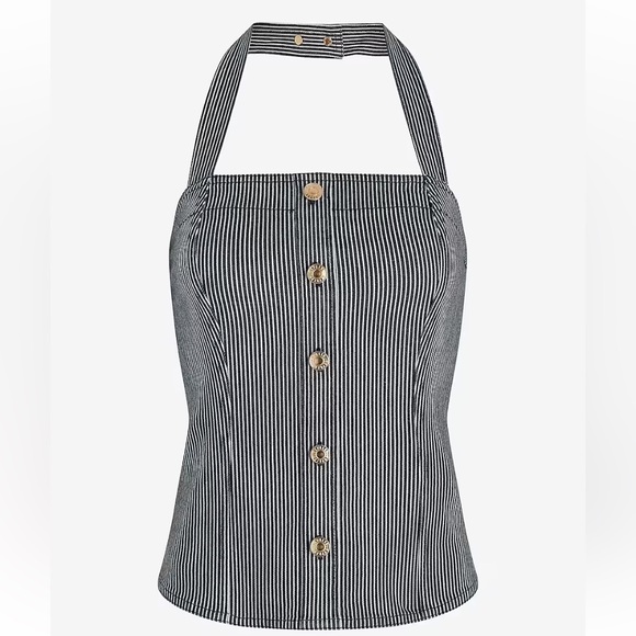 Brand New Express Denim Striped Halter Neck Novelty Button Top - Picture 5 of 8
